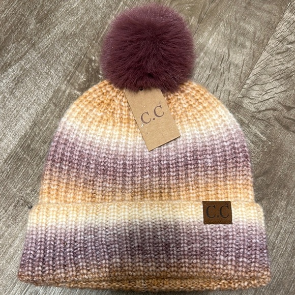 C.C Purple and Tan Knit Beanie with Pom‎ Pom - Picture 1 of 2